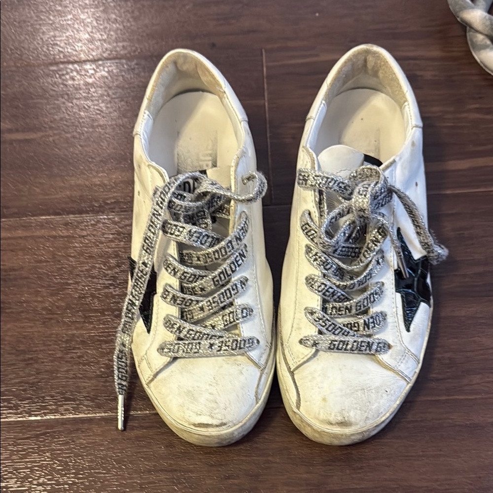 Golden Goose White and Black Distressed Sneakers